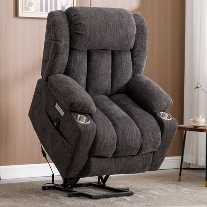 Fauteuil inclinable électrique en chenille grise avec massage, chauffage lombaire, ports USB et Type-C et porte-gobelets robustes en acier