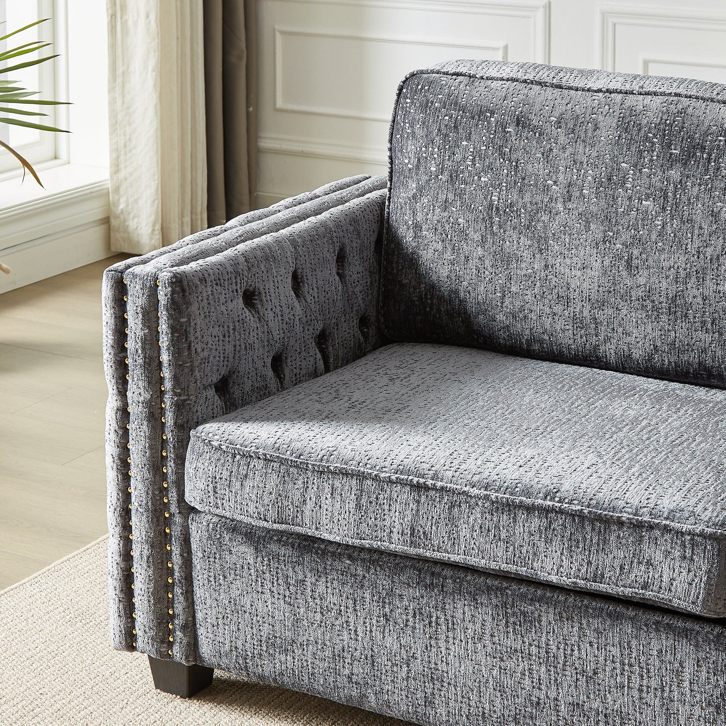 Canapé-lit en chenille grise avec matelas en mousse à mémoire de forme