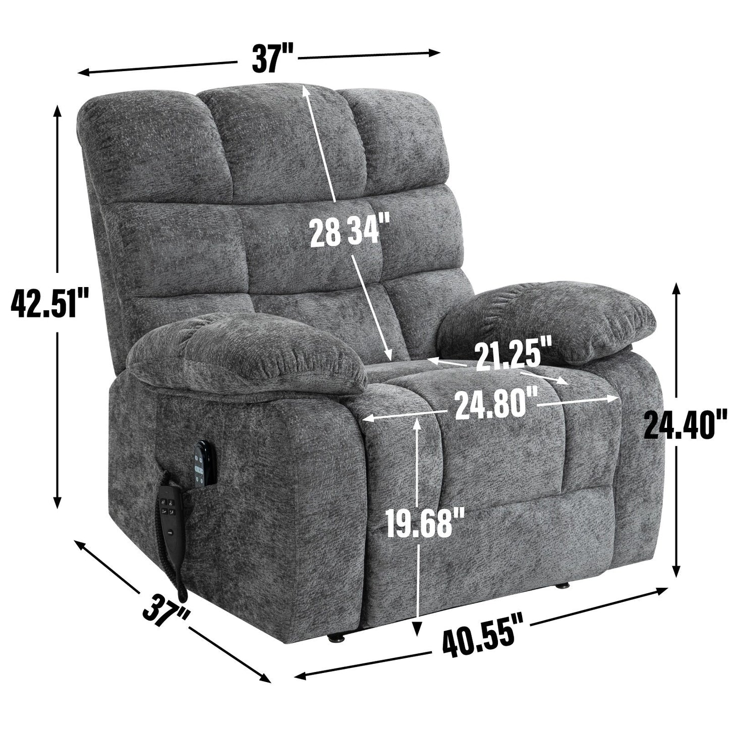 Fauteuil inclinable massant électrique rembourré en chenille grise avec massage par vibration à 8 points, chauffage lombaire, position à plat à 180°