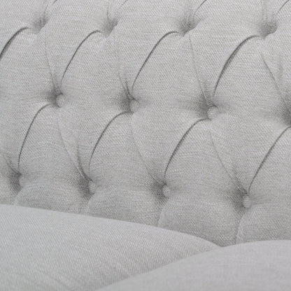 Canapé 3 places Chesterfield gris 84,75, capitonné, avec clous et pieds en bois