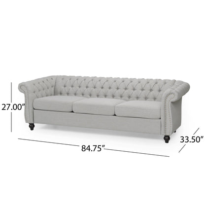 Canapé 3 places Chesterfield gris 84,75, capitonné, avec clous et pieds en bois