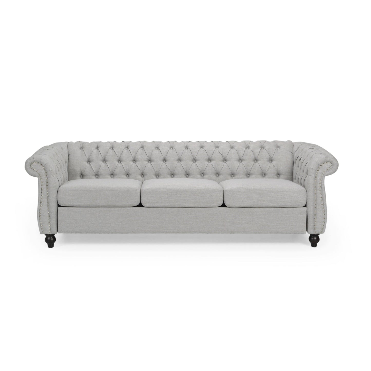 Canapé 3 places Chesterfield gris 84,75, capitonné, avec clous et pieds en bois
