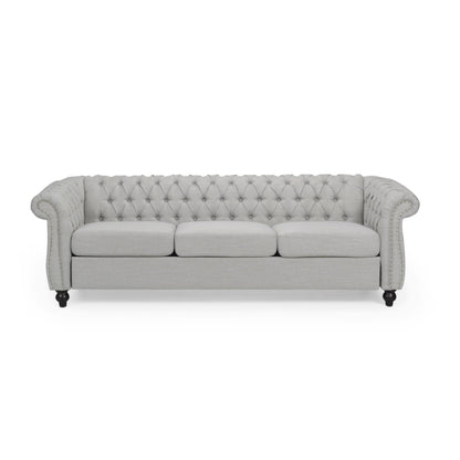 Canapé 3 places Chesterfield gris 84,75, capitonné, avec clous et pieds en bois