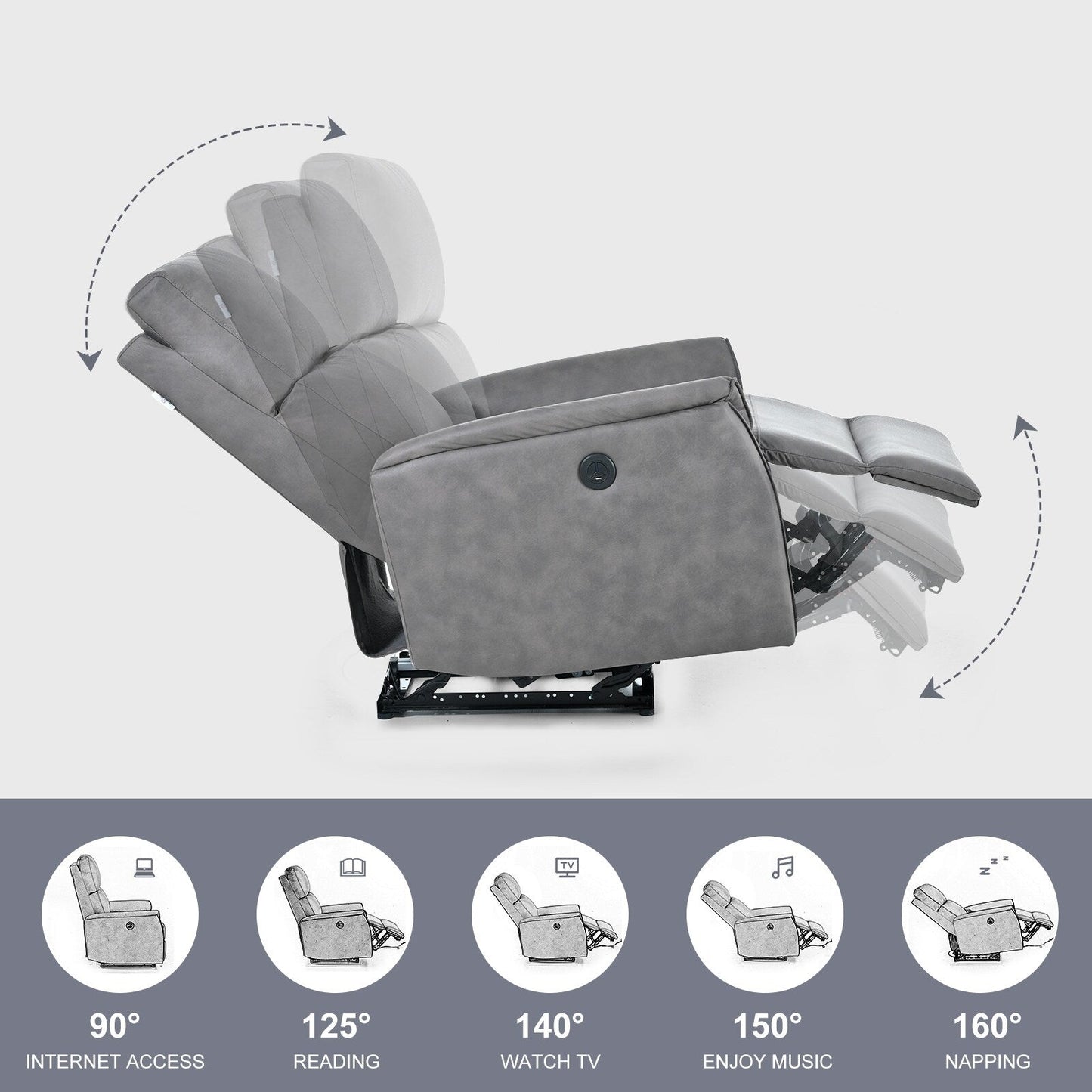 Fauteuil inclinable électrique compact gris avec port USB, commandes latérales et dossier confortable pour petits espaces
