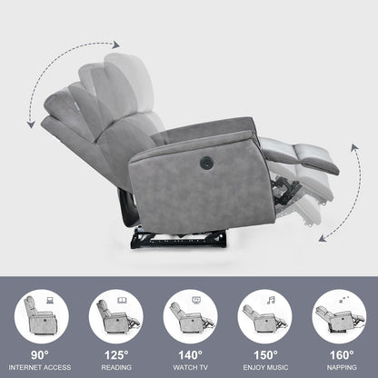 Fauteuil inclinable électrique compact gris avec port USB, commandes latérales et dossier confortable pour petits espaces