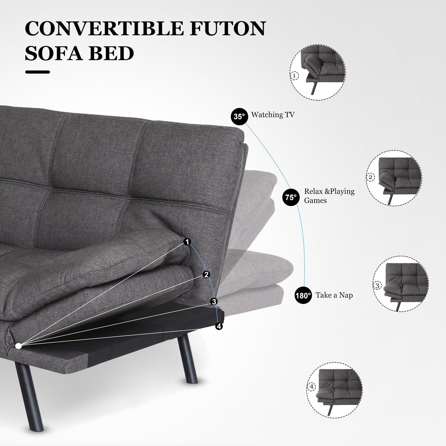 Canapé-lit convertible gris avec accoudoirs réglables