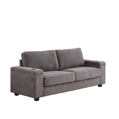 Canapé 3 places en velours côtelé gris avec ports USB et porte-gobelets