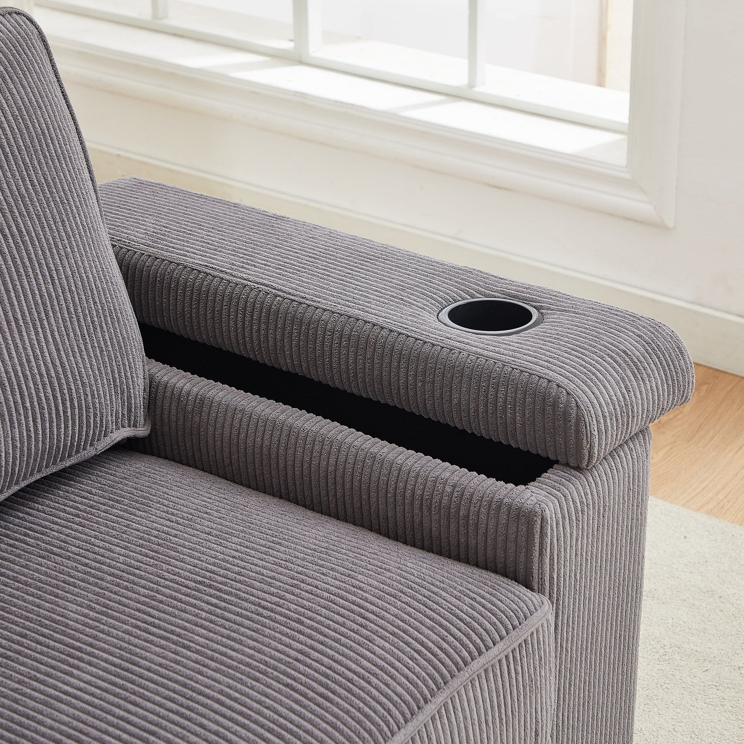 Canapé 3 places en velours côtelé gris avec ports USB et porte-gobelets