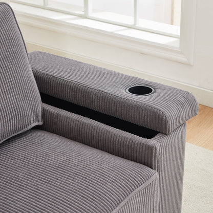 Canapé 3 places en velours côtelé gris avec ports USB et porte-gobelets