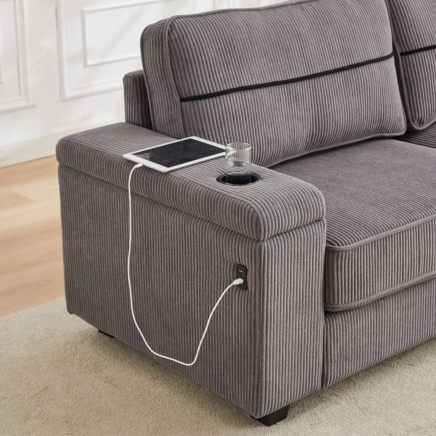 Canapé 3 places en velours côtelé gris avec ports USB et porte-gobelets