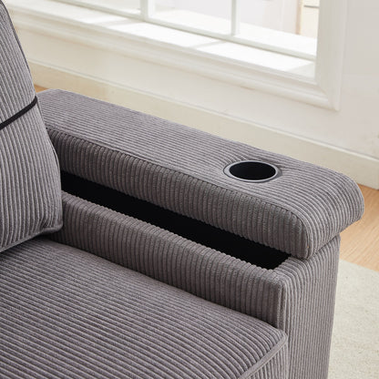 Canapé 3 places en velours côtelé gris avec ports USB et porte-gobelets