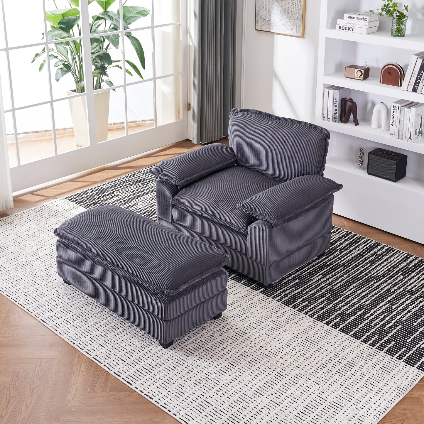 Canapé simple profond en velours côtelé gris avec pouf