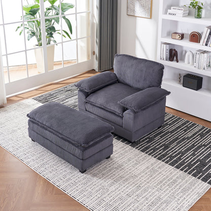 Canapé simple profond en velours côtelé gris avec pouf