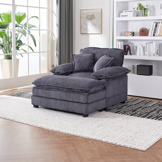 Canapé simple profond en velours côtelé gris avec pouf