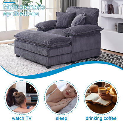 Canapé simple profond en velours côtelé gris avec pouf