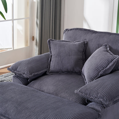 Canapé simple profond en velours côtelé gris avec pouf