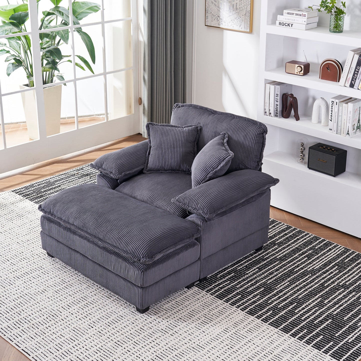 Canapé simple profond en velours côtelé gris avec pouf