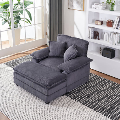 Canapé simple profond en velours côtelé gris avec pouf