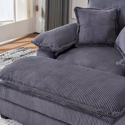 Canapé simple profond en velours côtelé gris avec pouf