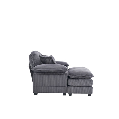 Canapé simple profond en velours côtelé gris avec pouf