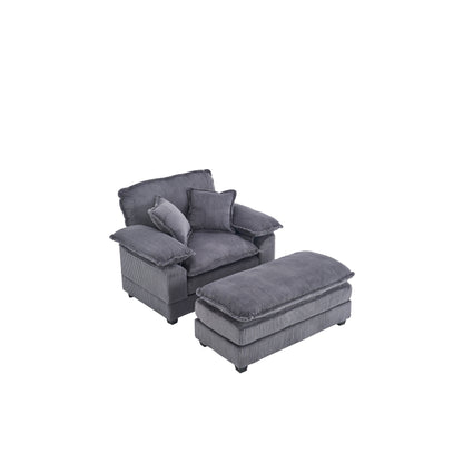 Canapé simple profond en velours côtelé gris avec pouf