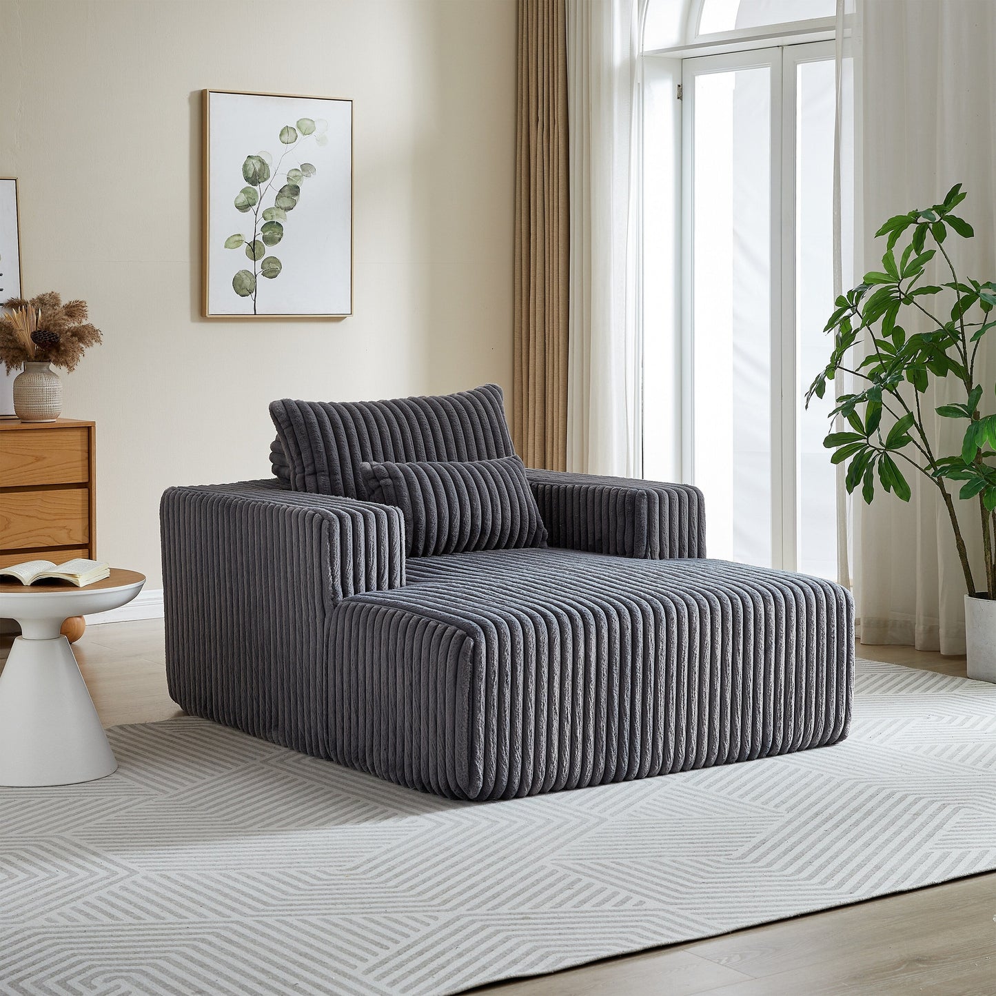 Fauteuil de salon en velours côtelé gris avec 2 coussins