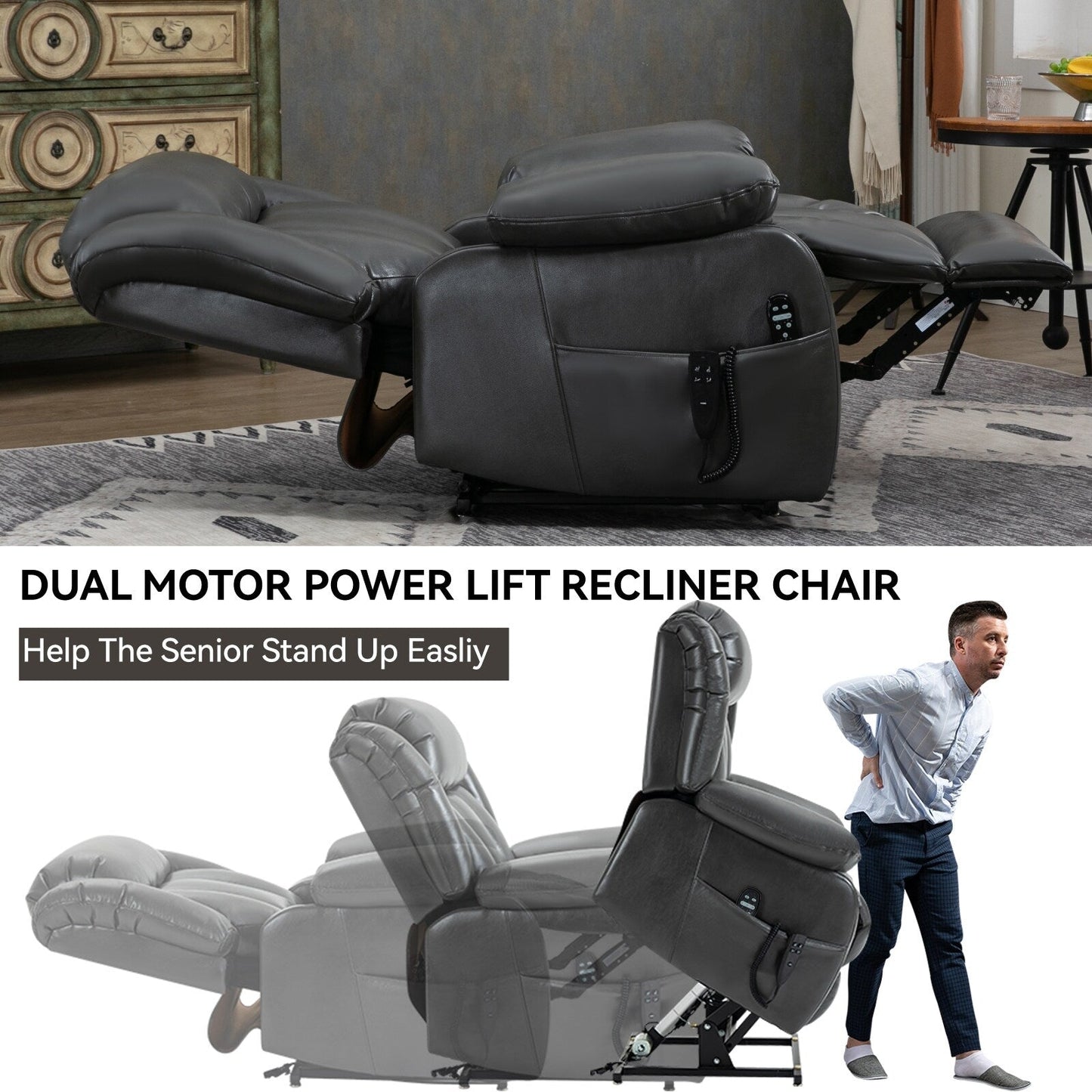 Fauteuil inclinable électrique gris à double moteur avec inclinaison à 180°, massage par vibrations à 8 points, chauffage lombaire et capacité de 158 kg.