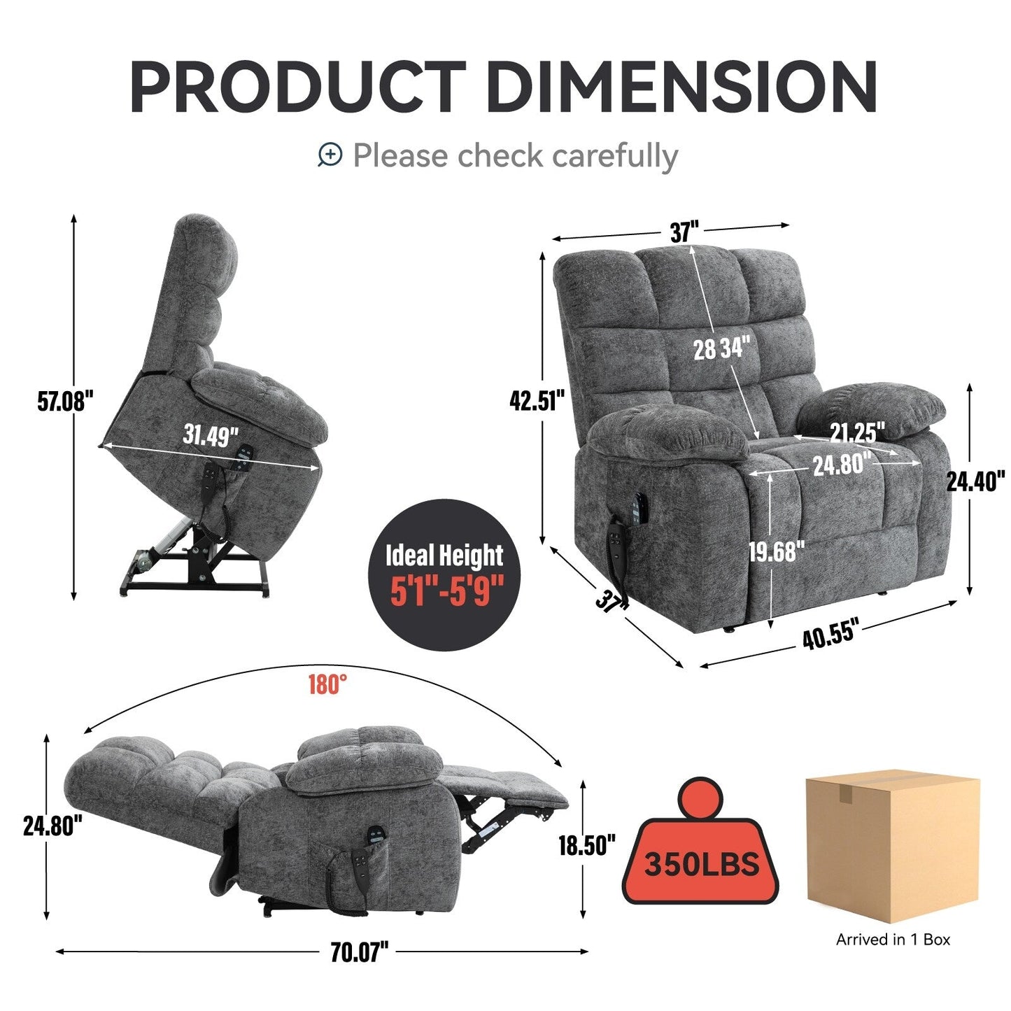 Fauteuil inclinable électrique gris à double moteur avec chauffage et massage, positions infinies et télécommande, capacité jusqu'à 159 kg