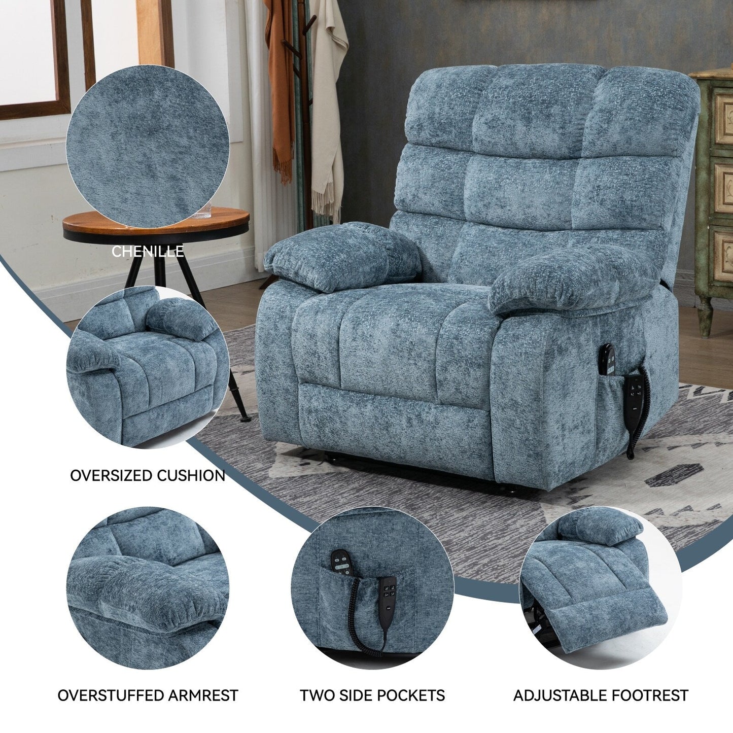 Fauteuil inclinable électrique gris à double moteur avec chauffage et massage, positions infinies et télécommande, capacité jusqu'à 159 kg