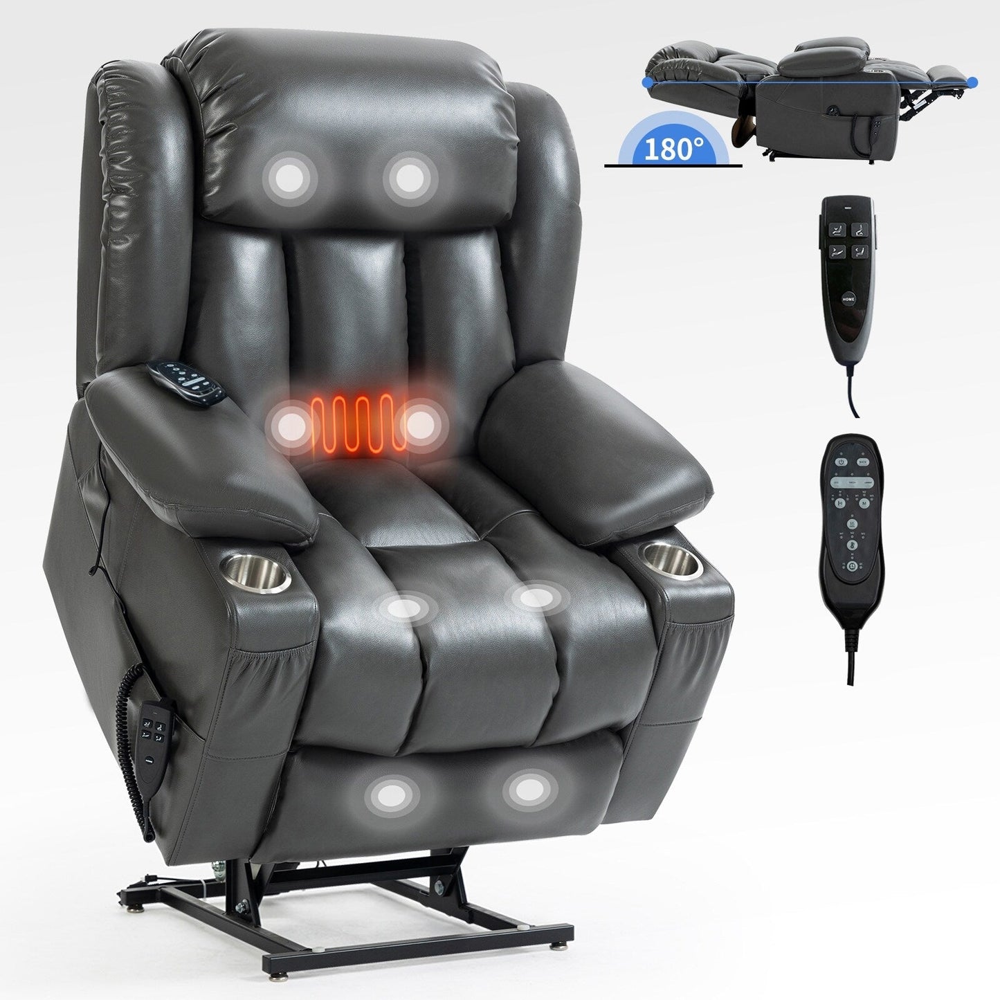 Fauteuil inclinable électrique gris à double moteur avec massage en 8 points, chauffage lombaire, porte-gobelets en acier inoxydable et poches latérales