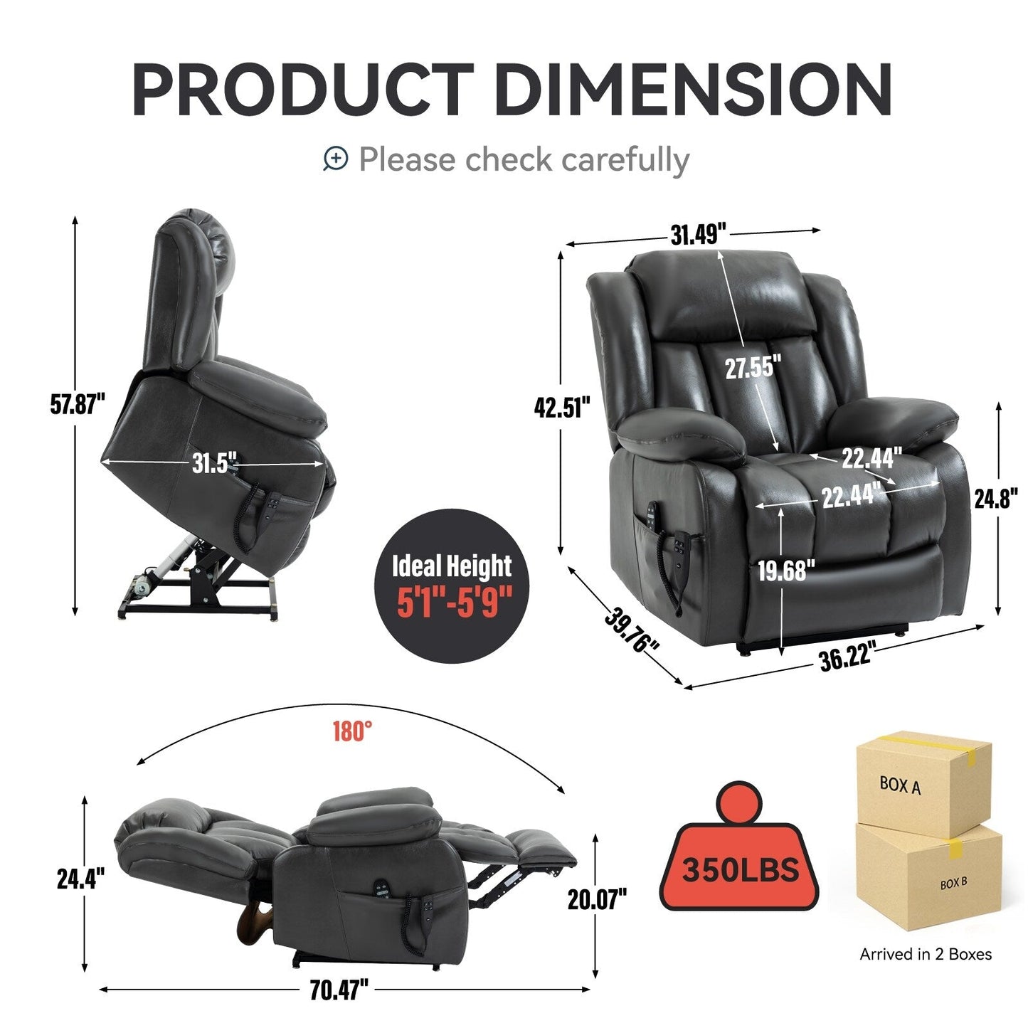 Fauteuil inclinable électrique gris à double moteur avec inclinaison à 180°, massage par vibration en 8 points, chauffage lombaire et capacité de 158 kg