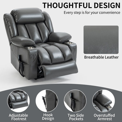 Fauteuil inclinable électrique gris à double moteur avec massage 8 points, chauffage lombaire, porte-gobelets en acier inoxydable et poches latérales