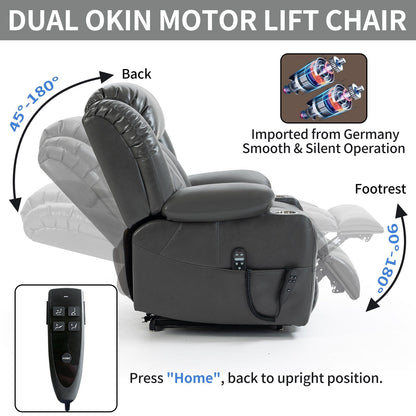 Fauteuil inclinable électrique gris à double moteur avec massage 8 points, chauffage lombaire, porte-gobelets en acier inoxydable et poches latérales