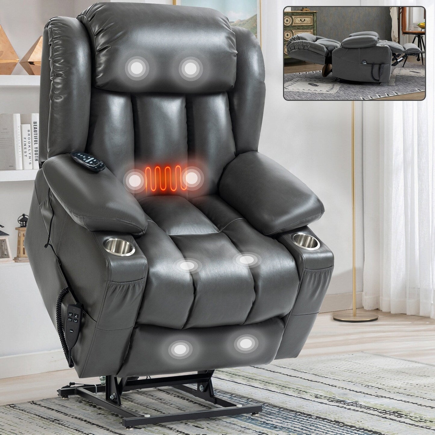 Fauteuil inclinable électrique gris à deux moteurs avec massage, chauffage et porte-gobelets