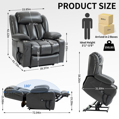 Fauteuil inclinable gris à double moteur avec inclinaison à 180°, massage, chauffage lombaire, porte-gobelets en acier inoxydable et poches latérales