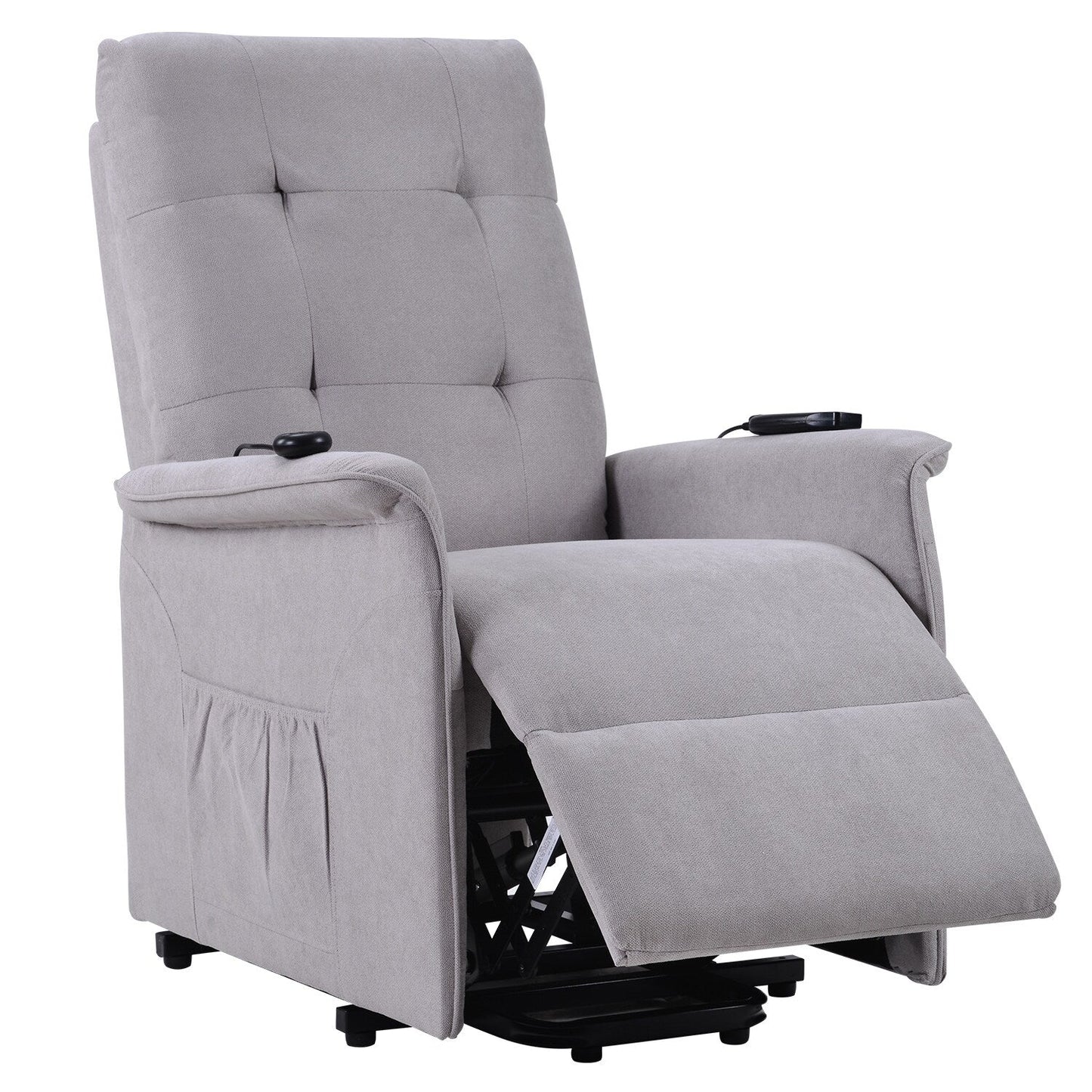Fauteuil inclinable gris pour personnes âgées avec massage réglable, rembourrage généreux, télécommande et poches latérales pratiques