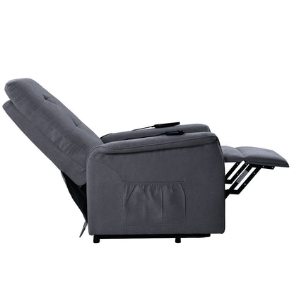 Fauteuil inclinable gris pour personnes âgées avec massage réglable, rembourrage généreux, télécommande et poches latérales pratiques