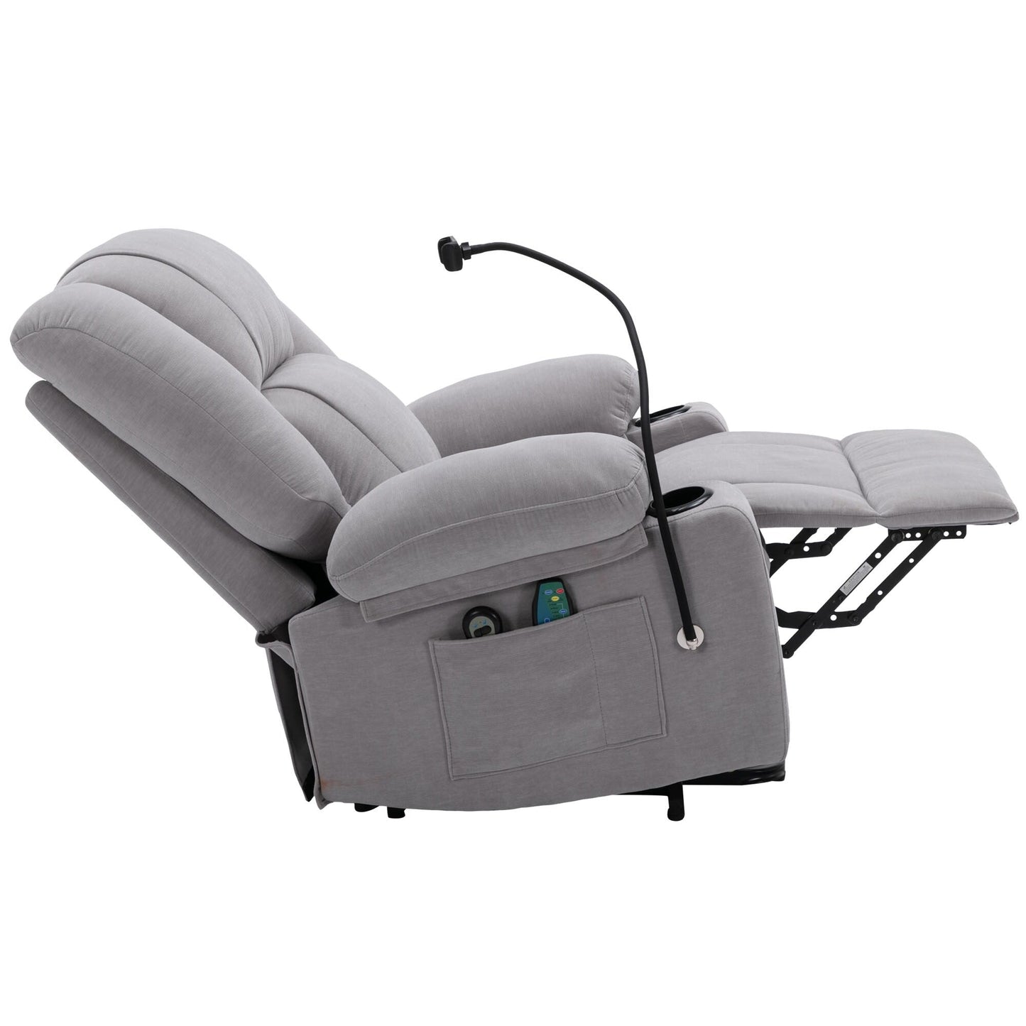Fauteuil inclinable électrique gris avec massage, chauffage, porte-gobelets et support de téléphone pivotant à 360°, options d'inclinaison réglables