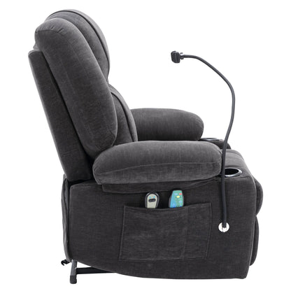 Fauteuil inclinable électrique gris avec massage, chauffage, porte-gobelets et support de téléphone pivotant à 360°, options d'inclinaison réglables