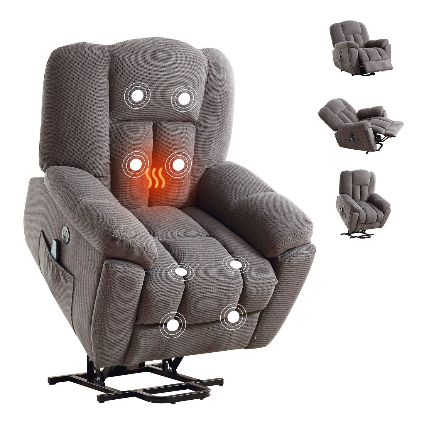 Fauteuil inclinable électrique gris pour personnes âgées avec chauffage, massage, port USB, poches latérales et tissu résistant