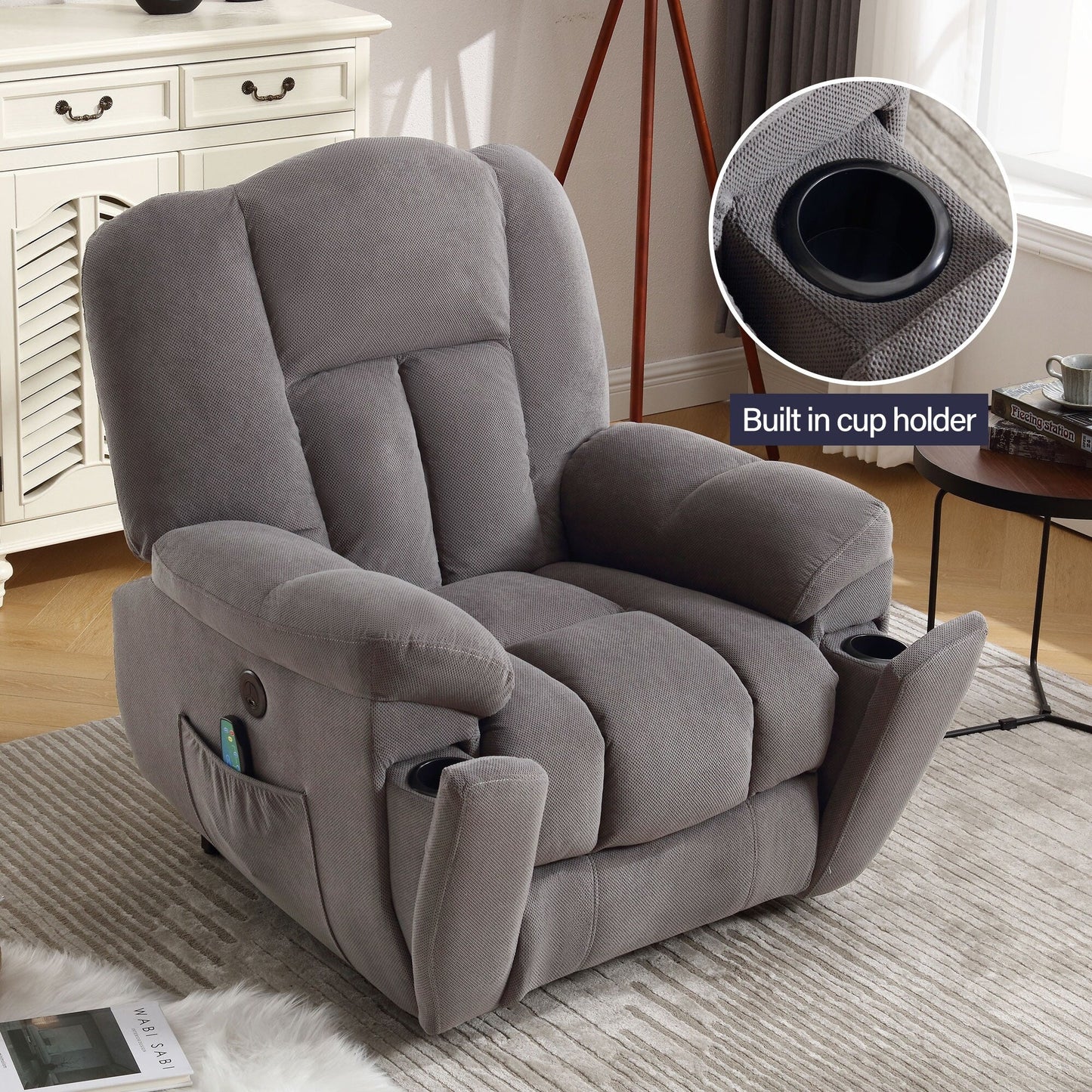 Fauteuil inclinable électrique gris pour personnes âgées avec chauffage, massage, port USB, poches latérales et tissu résistant