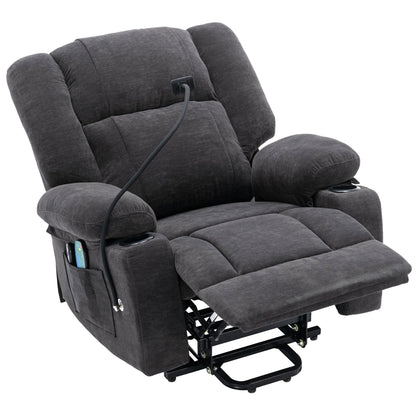 Fauteuil inclinable électrique gris avec massage, chauffage, porte-gobelets et support de téléphone pivotant à 360°, options d'inclinaison réglables