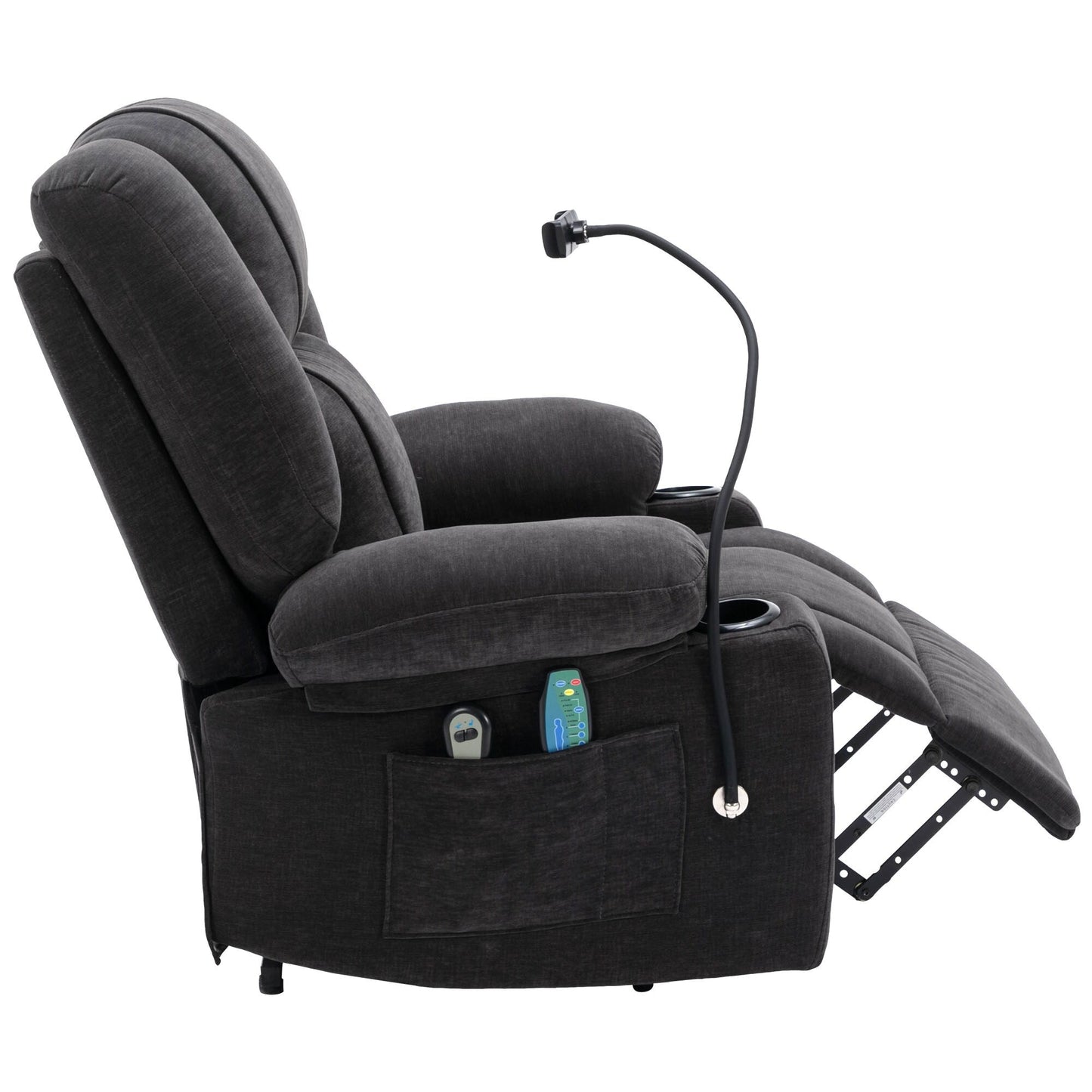 Fauteuil inclinable électrique gris avec massage, chauffage, porte-gobelets et support de téléphone pivotant à 360°, options d'inclinaison réglables