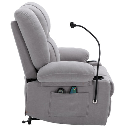 Fauteuil inclinable électrique gris avec massage, chauffage, porte-gobelets et support de téléphone pivotant à 360°, options d'inclinaison réglables