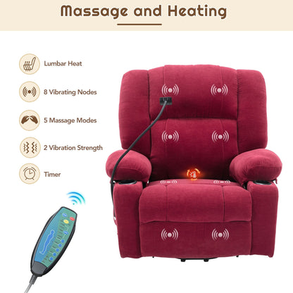 Fauteuil inclinable électrique gris avec massage, chauffage, porte-gobelets et support de téléphone pivotant à 360°, options d'inclinaison réglables