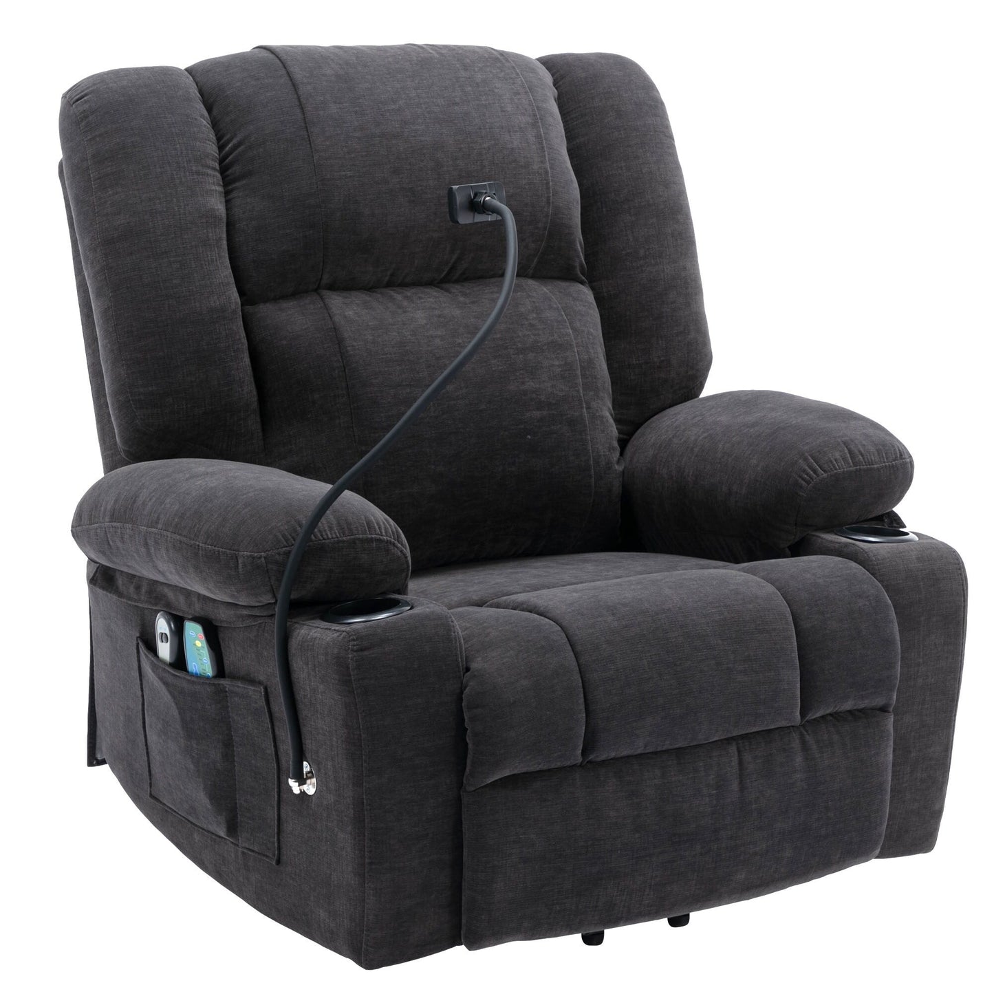 Fauteuil inclinable électrique gris avec massage, chauffage, porte-gobelets et support de téléphone pivotant à 360° avec inclinaison réglable