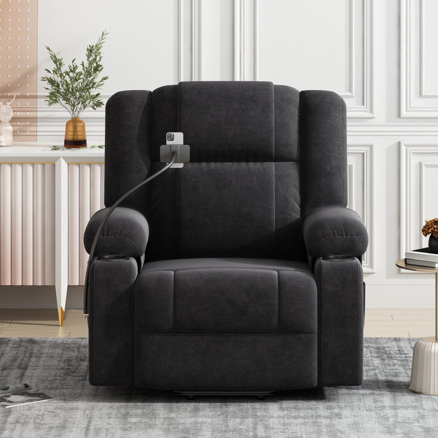 Fauteuil inclinable électrique gris avec massage, chauffage, porte-gobelets et support de téléphone pivotant à 360° avec inclinaison réglable