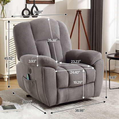 Fauteuil inclinable électrique gris avec chauffage, massage et tissu résistant