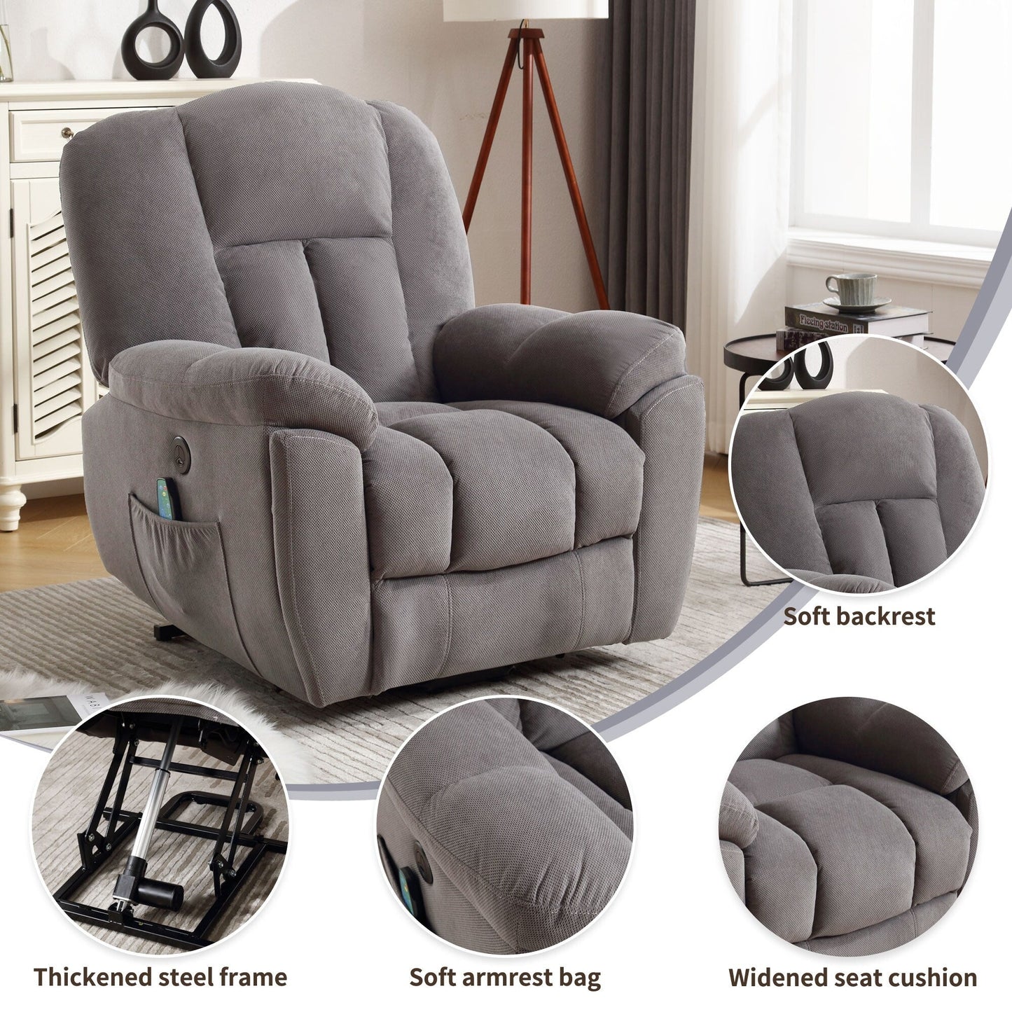 Fauteuil inclinable électrique gris avec chauffage, massage et tissu résistant