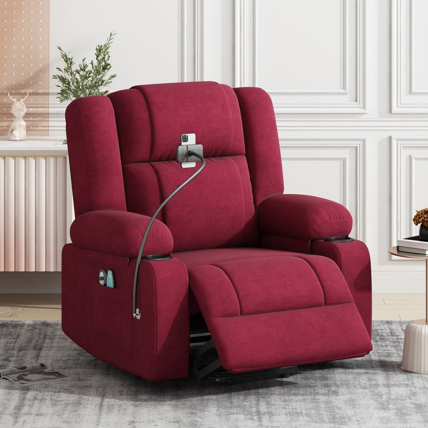 Fauteuil inclinable électrique gris avec massage, chauffage, support de téléphone rotatif à 360°, poches latérales et porte-gobelets pour personnes âgées